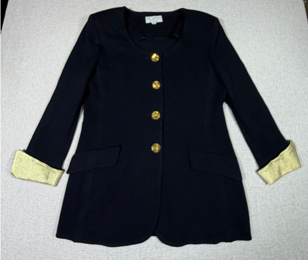 St John Evening Women 14 Black Long Sleeve Sweater Cardigan Gold Jewel Button Up